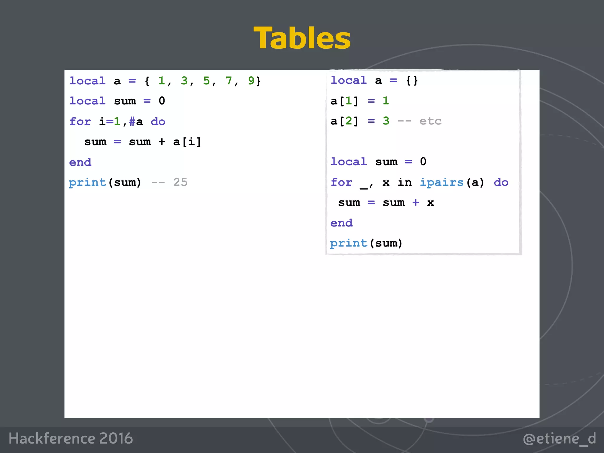 @etiene_dHackference 2016
local a = { 1, 3, 5, 7, 9}
local sum = 0
for i=1,#a do
sum = sum + a[i]
end
print(sum) -- 25
Tables
local a = {}
a[1] = 1
a[2] = 3 -- etc
local sum = 0
for _, x in ipairs(a) do
sum = sum + x
end
print(sum)
 