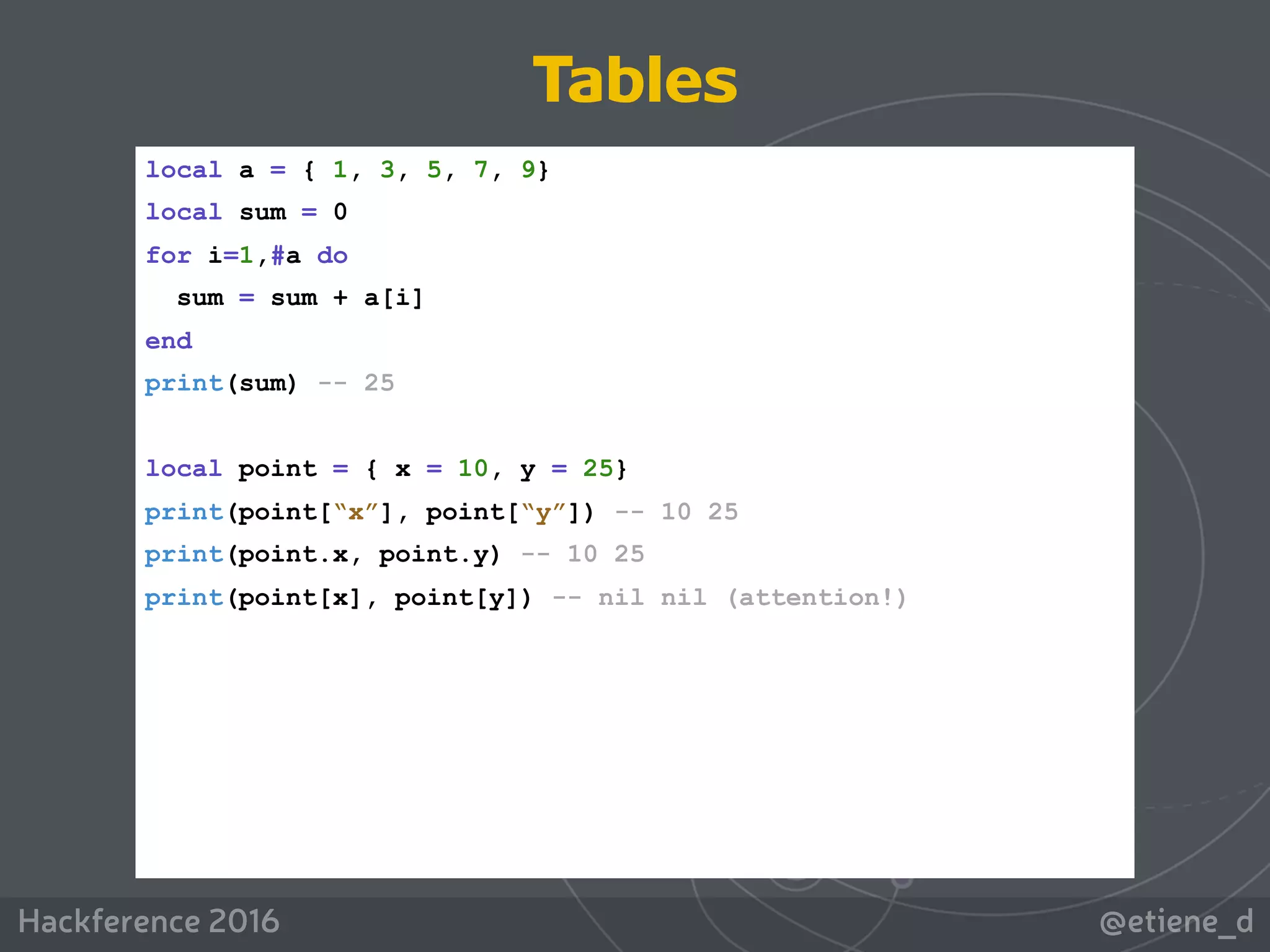 @etiene_dHackference 2016
local a = { 1, 3, 5, 7, 9}
local sum = 0
for i=1,#a do
sum = sum + a[i]
end
print(sum) -- 25
local point = { x = 10, y = 25}
print(point[“x”], point[“y”]) -- 10 25
print(point.x, point.y) -- 10 25
print(point[x], point[y]) -- nil nil (attention!)
Tables
 