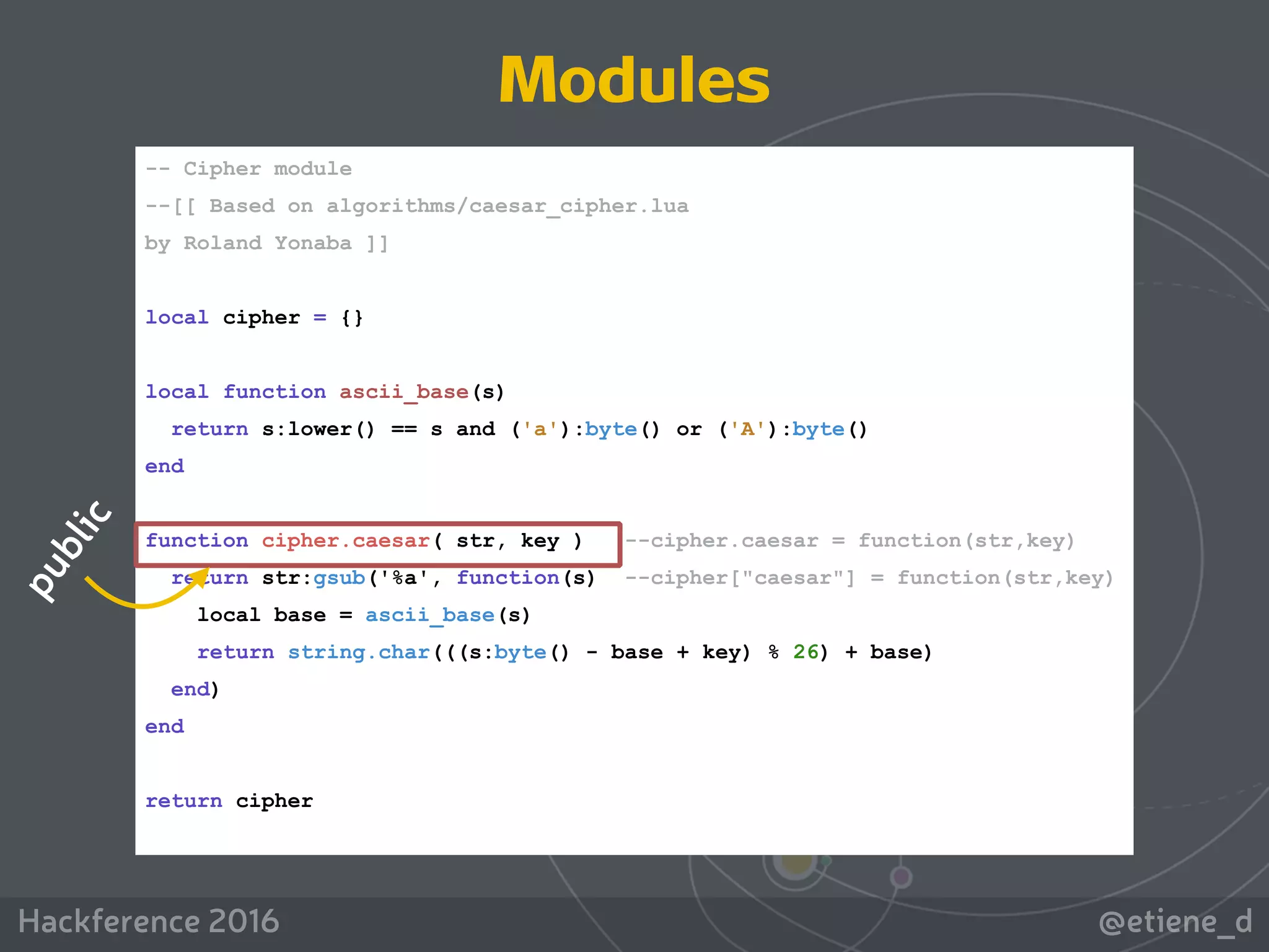 @etiene_dHackference 2016
-- Cipher module
--[[ Based on algorithms/caesar_cipher.lua
by Roland Yonaba ]]
local cipher = {}
local function ascii_base(s)
return s:lower() == s and ('a'):byte() or ('A'):byte()
end
function cipher.caesar( str, key ) --cipher.caesar = function(str,key)
return str:gsub('%a', function(s) --cipher["caesar"] = function(str,key)
local base = ascii_base(s)
return string.char(((s:byte() - base + key) % 26) + base)
end)
end
return cipher
Modules
public
 