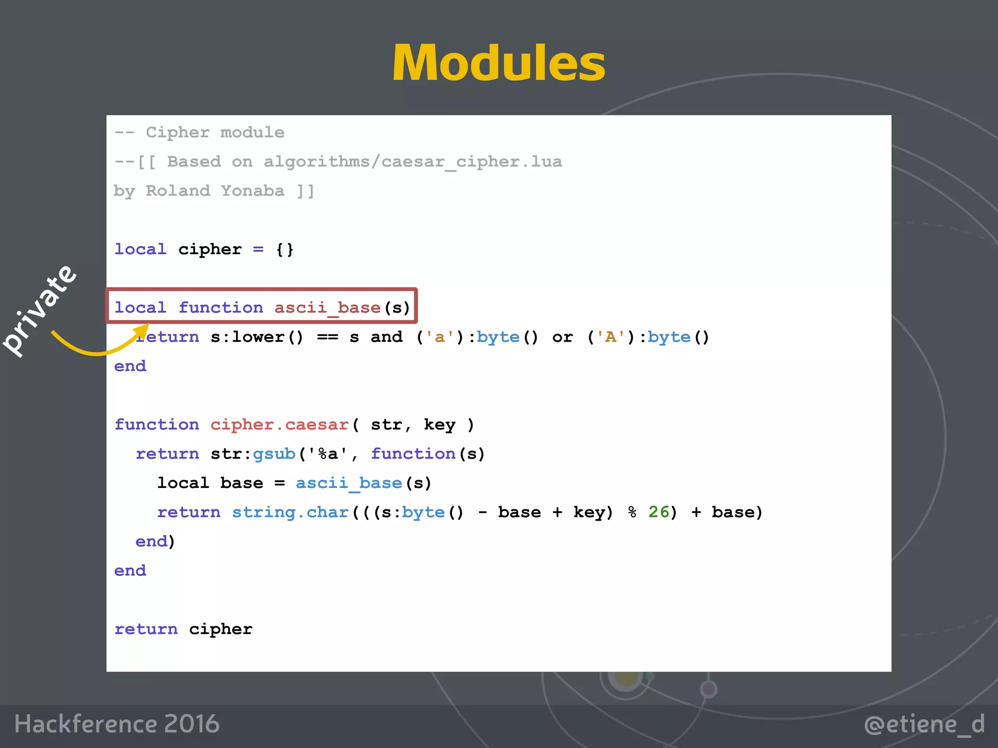 @etiene_dHackference 2016
-- Cipher module
--[[ Based on algorithms/caesar_cipher.lua
by Roland Yonaba ]]
local cipher = {}
local function ascii_base(s)
return s:lower() == s and ('a'):byte() or ('A'):byte()
end
function cipher.caesar( str, key )
return str:gsub('%a', function(s)
local base = ascii_base(s)
return string.char(((s:byte() - base + key) % 26) + base)
end)
end
return cipher
Modules
private
 