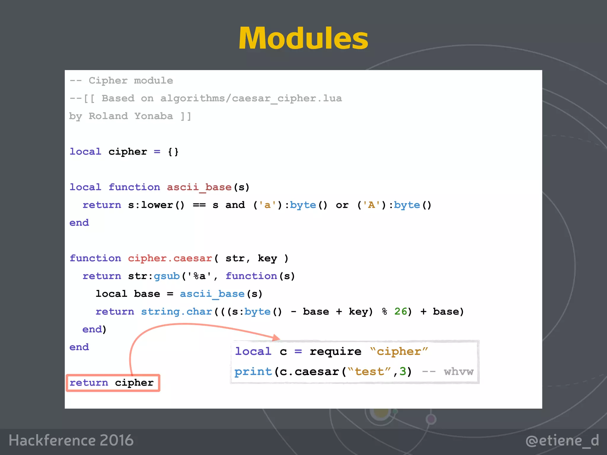 @etiene_dHackference 2016
-- Cipher module
--[[ Based on algorithms/caesar_cipher.lua
by Roland Yonaba ]]
local cipher = {}
local function ascii_base(s)
return s:lower() == s and ('a'):byte() or ('A'):byte()
end
function cipher.caesar( str, key )
return str:gsub('%a', function(s)
local base = ascii_base(s)
return string.char(((s:byte() - base + key) % 26) + base)
end)
end
return cipher
Modules
local c = require “cipher”
print(c.caesar(“test”,3) -- whvw
 