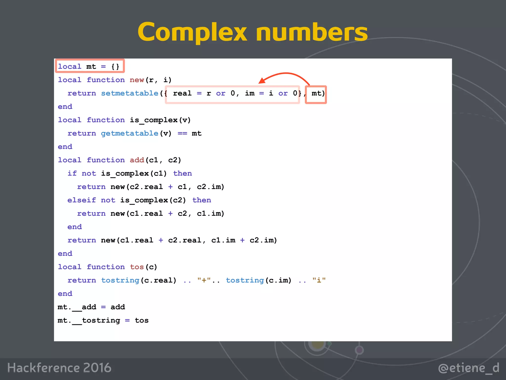 @etiene_dHackference 2016
local mt = {}
local function new(r, i)
return setmetatable({ real = r or 0, im = i or 0}, mt)
end
local function is_complex(v)
return getmetatable(v) == mt
end
local function add(c1, c2)
if not is_complex(c1) then
return new(c2.real + c1, c2.im)
elseif not is_complex(c2) then
return new(c1.real + c2, c1.im)
end
return new(c1.real + c2.real, c1.im + c2.im)
end
local function tos(c)
return tostring(c.real) .. "+".. tostring(c.im) .. "i"
end
mt.__add = add
mt.__tostring = tos
Complex numbers
 