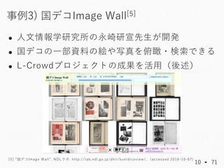 人文情報学研究所の永崎研宣先生が開発
 国デコの一部資料の絵や写真を俯瞰・検索できる
 L-Crowdプロジェクトの成果を活用（後述）
事例3) 国デコImage Wall[5]
[5] ”国デコImage Wall”. NDLラボ. ...