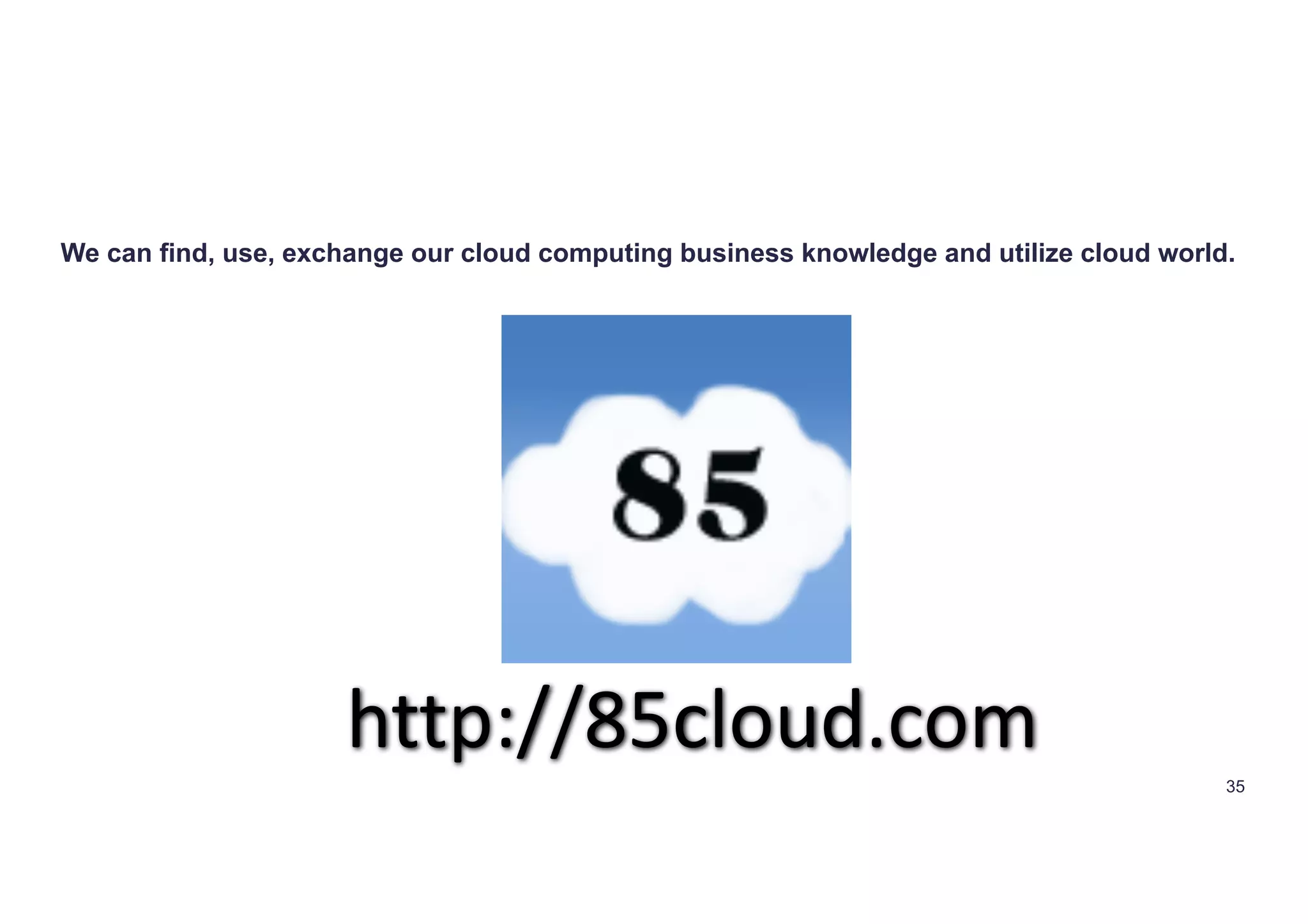 35
http://85cloud.com
We can find, use, exchange our cloud computing business knowledge and utilize cloud world.
 