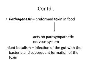 Contd..
• Pathogenesis – preformed toxin in food
acts on parasympathetic
nervous system
Infant botulism – infection of the...