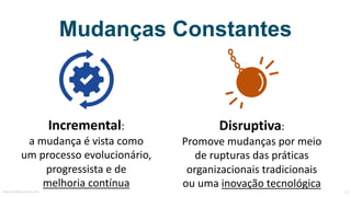 Mudanças Constantes
Incremental:	
a	mudança	é	vista	como	
um	processo	evolucionário,	
progressista	e	de				
melhoria	contínua
Disruptiva:	
Promove	mudanças	por	meio	
de	rupturas	das	práticas	
organizacionais	tradicionais	
ou	uma	inovação	tecnológica
MauricioBitencourt.com 13Fonte:	http://www.abpmp-br.org/bpm-cbok-v3-0/
 