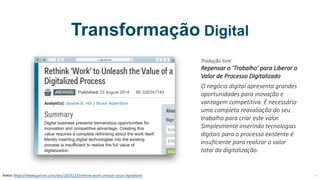 Transformação Digital
Fonte:	https://www.gartner.com/doc/2829219/rethink-work-unleash-value-digitalized
Tradução	livre:
Repensar	o	’Trabalho'	para	Liberar	o	
Valor	de	Processo	Digitalizado
O	negócio	digital	apresenta	grandes	
oportunidades	para inovação	e	
vantagem	competitiva. É	necessário	
uma completa	reavaliação	do	seu	
trabalho	para	criar	este	valor.	
Simplesmente	inserindo	tecnologias	
digitais	para	o processo	existente é	
insuficiente	para realizar	o	valor	
total da	digitalização.
MauricioBitencourt.com 16
 