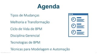 Agenda
Tipos	de	Mudanças
Melhoria	e	Transformação
Ciclo	de	Vida	de	BPM
Disciplina	Gerencial
Tecnologias	de	BPM
Técnicas	para	Modelagem	e	Automação
MauricioBitencourt.com 2
 