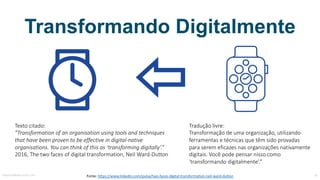 Transformando Digitalmente
Fonte:	https://www.linkedin.com/pulse/two-faces-digital-transformation-neil-ward-dutton
Texto	citado:
”Transformation of an organisation using tools	and techniques
that have been proven to be effective in	digital-native
organisations.	You can think of this as	‘transforming digitally’.”
2016,	The	two faces	of digital	transformation,	Neil	Ward-Dutton
Tradução	livre:
Transformação	de	uma	organização,	utilizando	
ferramentas	e	técnicas	que	têm	sido	provadas	
para	serem	eficazes	nas	organizações	nativamente	
digitais.	Você	pode	pensar	nisso	como	
'transformando	digitalmente’.”
MauricioBitencourt.com 34
 