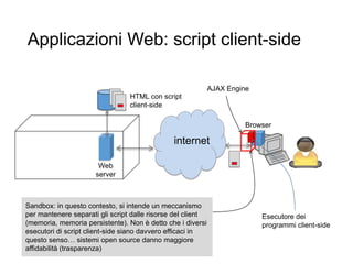 Applicazioni Web: script client-side
6
HTTP
internet
Browser
Web
server
HTML con script
client-side
Esecutore dei
programmi client-side
Sandbox: in questo contesto, si intende un meccanismo
per mantenere separati gli script dalle risorse del client
(memoria, memoria persistente). Non è detto che i diversi
esecutori di script client-side siano davvero efficaci in
questo senso… sistemi open source danno maggiore
affidabilità (trasparenza)
AJAX Engine
 