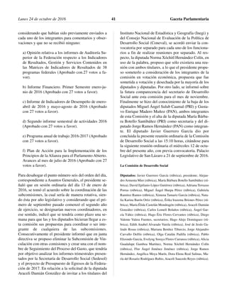 considerando que habían sido previamente enviados a
cada uno de los integrantes para comentarios y obser-
vaciones y que no se recibió ninguno:
a) Opinión relativa a los informes de Auditoría Su-
perior de la Federación respecto a los Indicadores
de Resultados, Gestión y Servicios Contenidos en
las Matrices de Indicadores de Resultados de 38
programas federales (Aprobado con.27 votos a fa-
vor).
b) Informe Financiero. Primer Semestre enero-ju-
nio de 2016 (Aprobado con 27 votos a favor).
c) Informe de Indicadores de Desempeño de enero-
abril de 2016 y mayo-agosto de 2016 (Aprobado
con 27 votos a favor).
d) Segundo informe semestral de actividades 2016
(Aprobado con 27 votos a favor).
e) Programa anual de trabajo 2016-2017 (Aprobado
con 27 votos a favor).
f) Plan de Acción para la Implementación de los
Principios de la Alianza para el Parlamento Abierto.
Avances al mes de julio de 2016 (Aprobado con 27
votos a favor).
Para desahogar el punto número seis del orden del día,
correspondiente a Asuntos Generales, el presidente se-
ñaló que en sesión ordinaria del día 13 de enero de
2016, se tomó el acuerdo sobre la coordinación de las
subcomisiones, la cual sería de manera rotativa, sien-
do ésta por año legislativo y considerando que el pri-
mero de septiembre pasado comenzó el segundo año
de ejercicio, se designarían nuevos coordinadores, en
ese sentido, indicó que se tendría como plazo una se-
mana para que las y los diputados hicieran llegar a es-
ta comisión sus propuestas para coordinar o ser inte-
grante de cualquiera de las subcomisiones.
Consecutivamente el presidente informó que en junta
directiva se propuso eliminar la Subcomisión de Vin-
culación con otras comisiones y crear una con el nom-
bre de Seguimiento del Proceso del Gasto, que tendría
por objetivo analizar los informes trimestrales presen-
tados por la Secretaría de Desarrollo Social (Sedesol)
y el proyecto de Presupuesto de Egresos de la Federa-
ción de 2017. En relación a la solicitud de la diputada
Araceli Damián González de invitar a los titulares del
Instituto Nacional de Estadística y Geografía (Inegi) y
del Consejo Nacional de Evaluación de la Política de
Desarrollo Social (Coneval), se acordó enviar la con-
vocatoria por separado para cada uno de los funciona-
rios a fin de realizar reuniones por separado. Al res-
pecto, la diputada Norma Xóchitl Hernández Colín, en
uso de la palabra, propuso que sólo existiera una reu-
nión con ambos titulares, a lo que el presidente propu-
so someterlo a consideración de los integrantes de la
comisión en votación económica, propuesta que fue
sometida a votación y desechada por la mayoría de los
diputados y diputadas. Por otro lado, se informó sobre
la futura comparecencia del secretario de Desarrollo
Social ante esta comisión para el mes de noviembre.
Finalmente se hizo del conocimiento de la baja de los
diputados Miguel Ángel Sulub Caamal (PRI) y Gusta-
vo Enrique Madero Muñoz (PAN), ambos integrantes
de esta Comisión y el alta de la diputada María Bárba-
ra Botello Santibáñez (PRI) como secretaria y del di-
putado Jorge Ramos Hernández (PAN) como integran-
te. El diputado Javier Guerrero García dio por
concluida la presente reunión ordinaria de la Comisión
de Desarrollo Social a las 15:10 horas, citándose para
la siguiente reunión ordinaria el miércoles 12 de octu-
bre del presente año, con previa convocatoria. Palacio
Legislativo de San Lázaro a 21 de septiembre de 2016.
La Comisión de Desarrollo Social
Diputados: Javier Guerrero García (rúbrica), presidente; Alejan-
dro Armenta Mier (rúbrica), María Bárbara Botello Santibáñez (rú-
brica), David Epifanio López Gutiérrez (rúbrica), Adriana Terrazas
Porras (rúbrica), Miguel Ángel Huepa Pérez (rúbrica), Gabriela
Ramírez Ramos (rúbrica), Ximena Tamariz García (rúbrica), Nata-
lia Karina Barón Ortiz (rúbrica), Érika Irazema Briones Pérez (rú-
brica), María Élida Castelán Mondragón (rúbrica), Araceli Damián
González (rúbrica), Carlos Lomelí Bolaños (rúbrica), Ángel Gar-
cía Yáñez (rúbrica), Hugo Éric Flores Cervantes (rúbrica), Diego
Valente Valera Fuentes, secretarios; Hugo Alejo Domínguez (rú-
brica), Edith Anabel Alvarado Varela (rúbrica), José de Jesús Ga-
lindo Rosas (rúbrica), Mariana Benítez Tiburcio, Jorge Alejandro
Carvallo Delfín (rúbrica), Olga Catalán Padilla (rúbrica), Pablo
Elizondo García, Evelyng Soraya Flores Carranza (rúbrica), Alicia
Guadalupe Gamboa Martínez, Norma Xóchitl Hernández Colín
(rúbrica), Flor Ángel Jiménez Jiménez (rúbrica), Jorge Ramos
Hernández, Angélica Moya Marín, Dora Elena Real Salinas, Ma-
ría del Rosario Rodríguez Rubio, Araceli Saucedo Reyes (rúbrica).
Lunes 24 de octubre de 2016 Gaceta Parlamentaria41
 