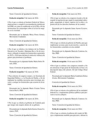 Turno: Comisión de Igualdad de Género.
Fecha de recepción: 9 de marzo de 2016.
• Por el que se exhorta al Instituto Federal de Teleco-
municaciones a cumplir la recomendación emitida por
la CIDH, así como lo establecido en la LFTR, a fin de
reestructuras los estereotipos sobre el rol de las muje-
res en la sociedad.
Presentada por la diputada Mirza Flores Gómez,
Movimiento Ciudadano.
Turno: Comisión de Igualdad de Género.
Fecha de recepción: 9 de marzo de 2016.
• Por el que se exhorta a los titulares de los Poderes
Ejecutivos de Yucatán y Quintana Roo a fin de reco-
nocer y difundir el número de feminicidios registrados
en 2015 y 2016 para declarar la alerta de violencia de
género para disminuir el problema.
Presentada por la diputada Kathia María Bolio Pi-
nelo, PAN.
Turno: Comisión de Igualdad de Género.
Fecha de recepción: 9 de marzo de 2016.
• Para exhortar al congreso estatal, a la Secretaría de
Seguridad Publica y a la Fiscalía de Puebla, a fin de
implantar las medidas necesarias para investigar, pre-
venir y castigar los feminicidios que ocurren en la en-
tidad.
Presentada por la diputada María Cristina Teresa
García Bravo, PRD.
Turno: Comisión de Igualdad de Género.
Fecha de recepción: 9 de marzo de 2016.
• Por el que se exhorta al gobierno de Coahuila para
que integre más mujeres dentro de su gabinete.
Presentada por la diputada Karla Karina Osuna Ca-
rranco, PAN.
Turno: Comisión de Igualdad de Género.
Fecha de recepción: 9 de marzo de 2016.
• Por el que se exhorta a los congresos locales a fin de
expedir la legislación que regule la maternidad subro-
gada, asegurando el interés superior de la niñez y la
protección de los derechos humanos de las madres.
Presentada por la diputada Juana Aurora Cavazos,
PRI.
Turno: Comisión de Igualdad de Género.
Fecha de recepción: 16 de marzo de 2016.
• Por el que se exhorta al gobierno de Puebla, para que
implemente acciones para la prevención y sanción de
los feminicidios cometidos en esta entidad.
Presentada por la diputada Maricela Contreras Ju-
lián, PRD.
Turno: Comisión de Igualdad de Género.
Fecha de recepción: 16 de marzo de 2016.
• Por el que se exhorta a los congresos estatales a fin
de armonizar el tipo penal de feminicidio en base a la
descripción típica del artículo 325 del Código Penal
Federal.
Presentada por la diputada María Candelaria Ochoa
Ávalos, Movimiento Ciudadano.
Comisión de Igualdad de Género.
Fecha de recepción: 30 de marzo de 2016.
• Por el que se exhorta a los gobiernos de las entidades
federativas, a implementar políticas públicas para pre-
venir el acoso callejero.
Presentada por la diputada Maricela Contreras Ju-
lián, PRD.
Turno: Comisión de Igualdad de Género.
Fecha de recepción: 30 de marzo de 2016.
• Por el que se exhorta al gobierno del estado de Mé-
xico a implementar medidas para prevenir y detener la
Gaceta Parlamentaria Lunes 24 de octubre de 201678
 