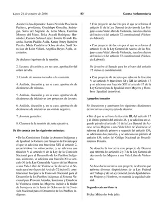 Asistieron los diputados: Laura Nereida Plascencia
Pacheco, presidenta; Guadalupe González Suáste-
gui, Sofía del Sagrario de León Maza, Carolina
Monroy del Mazo, Érika Araceli Rodríguez Her-
nández, Carmen Salinas López, Janette Ovando Re-
azola, Karina Padilla Ávila, Karen Orney Ramírez
Peralta, María Candelaria Ochoa Ávalos, Sasil Do-
ra Luz de León Villard, Angélica Reyes Ávila, se-
cretarios.
Se declara el quórum de la reunión.
2. Lectura, discusión y, en su caso, aprobación del
orden del día.
3. Listado de asuntos turnados a la comisión.
4. Análisis, discusión y, en su caso, aprobación de
dictámenes de minutas.
5. Análisis, discusión y, en su caso, aprobación de
dictámenes de iniciativas con proyectos de decreto.
6. Análisis, discusión y, en su caso, aprobación de
dictámenes de iniciativas en sentido negativo.
7. Asuntos generales:
8. Clausura de la reunión de junta ejecutiva.
Se dio cuenta con las siguientes minutas:
• De las Comisiones Unidas de Asuntos Indígenas y
de Igualdad de Género con Proyecto de Decreto por
el que se adiciona una fracciona XIX al artículo 2,
recorriéndose las subsecuentes; y se adiciona una
fracción V al artículo 6 de la Ley de la Comisión
Nacional para el Desarrollo de los Pueblos Indíge-
nas, asimismo, se adiciona una fracción XII al artí-
culo 36 de la Ley General de Acceso de las Mujeres
a una Vida Libre de Violencia. Se devuelve al Se-
nado para los efectos del Artículo 72 inciso E) cons-
titucional. Integrar a la Comisión Nacional para el
Desarrollo de los Pueblos Indígenas al Sistema Na-
cional para Prevenir Atender, Sancionar y Erradicar
la Violencia contra las Mujeres; incluir a la titular
de Inmujeres en la Junta de Gobierno de la Comi-
sión Nacional para el Desarrollo de los Pueblos In-
dígenas.
• Con proyecto de decreto por el que se reforma el
artículo 11 de la Ley General de Acceso de Las Mu-
jeres a una Vida Libre de Violencia, para los efectos
del inciso e) del artículo 72 constitucional (Violen-
cia laboral).
• Con proyecto de decreto por el que se reforma el
artículo 11 de la Ley General de Acceso de las Mu-
jeres a una Vida Libre de Violencia, para los efectos
del inciso e) del artículo 72 constitucional (Violen-
cia Laboral).
Se devuelve al Senado para los efectos del artículo
72 inciso e) constitucional.
• Con proyecto de decreto que reforma la fracción
V del artículo 9, fracciones XI y XII del artículo 17
y se adiciona una fracción XIII al artículo 17 de la
Ley General para la Igualdad entre Mujeres y Hom-
bres (Igualdad deportiva).
Acuerdos tomados
Se discutieron y aprobaron los siguientes dictámenes
de iniciativas con proyecto de decreto:
• Por el que se reforma la fracción III, del artículo 17
y el último párrafo del artículo 28, y se adiciona un se-
gundo párrafo al artículo 31 de la Ley General de Ac-
ceso de las Mujeres a una Vida Libre de Violencia; se
reforma el párrafo primero y segundo del artículo 139;
se adicionan dos párrafos, y se adiciona un párrafo al
artículo 154, todos del Código Nacional de Procedi-
mientos Penales.
Se desecha la iniciativa con proyecto de Decreto
que reforma los artículos 2 y 7 de la Ley General de
Acceso de las Mujeres a una Vida Libre de Violen-
cia.
Se desecha la iniciativa con proyecto de decreto que
reforma diversas disposiciones de la Ley Federal
del Trabajo y de la Ley General para la Igualdad en-
tre Mujeres y Hombres, en materia de equidad sala-
rial.
Segunda extraordinaria
Fecha: Miércoles 6 de julio.
Lunes 24 de octubre de 2016 Gaceta Parlamentaria83
 