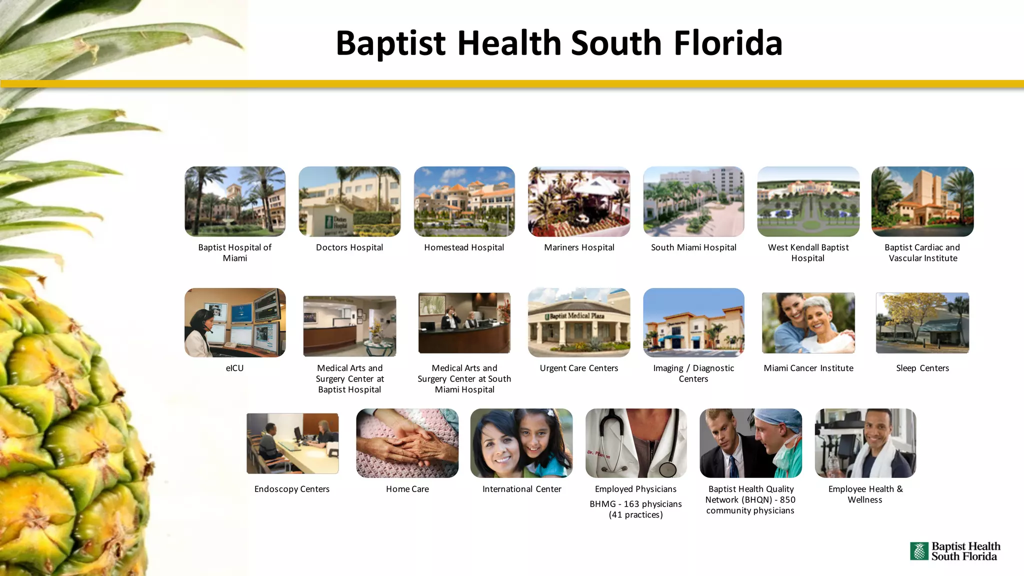 Baptist	Health	South	Florida
Baptist	Hospital	of	
Miami
Doctors	Hospital Homestead	Hospital Mariners	Hospital South	Miami	Hospital West	Kendall	Baptist	
Hospital	
Baptist	Cardiac	and	
Vascular	Institute
eICU Medical	Arts	and	
Surgery	Center	at	
Baptist	Hospital
Medical	Arts	and	
Surgery	Center	at	South	
Miami	Hospital
Urgent	Care	Centers	 Imaging	/	Diagnostic	
Centers
Miami	Cancer	Institute Sleep	Centers
Endoscopy	Centers Home	Care International	Center Employed	Physicians
BHMG	- 163	physicians	
(41	practices)
Baptist	Health	Quality	
Network	(BHQN)	- 850	
community	physicians
Employee	Health	&	
Wellness
 