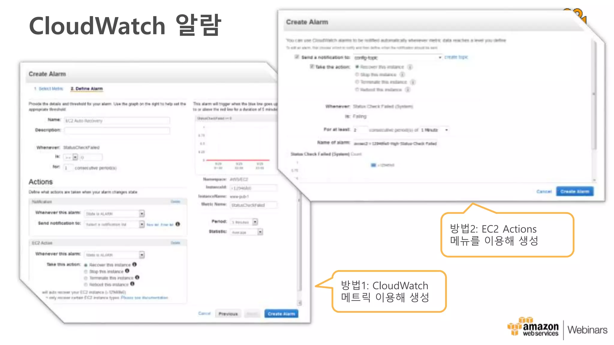 방법1: CloudWatch
메트릭 이용해 생성
방법2: EC2 Actions
메뉴를 이용해 생성
CloudWatch 알람
 