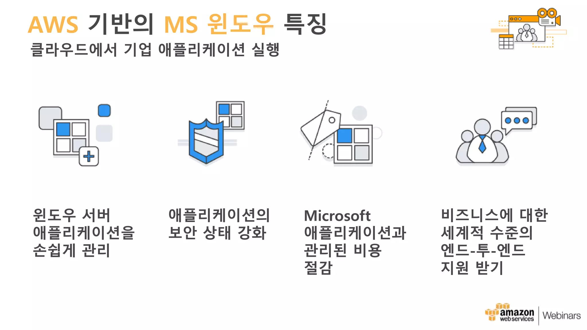 AWS 기반의 MS 윈도우 특징
클라우드에서 기업 애플리케이션 실행
윈도우 서버
애플리케이션을
손쉽게 관리
애플리케이션의
보안 상태 강화
Microsoft
애플리케이션과
관리된 비용
절감
비즈니스에 대한
세계적 수준의
엔드-투-엔드
지원 받기
 