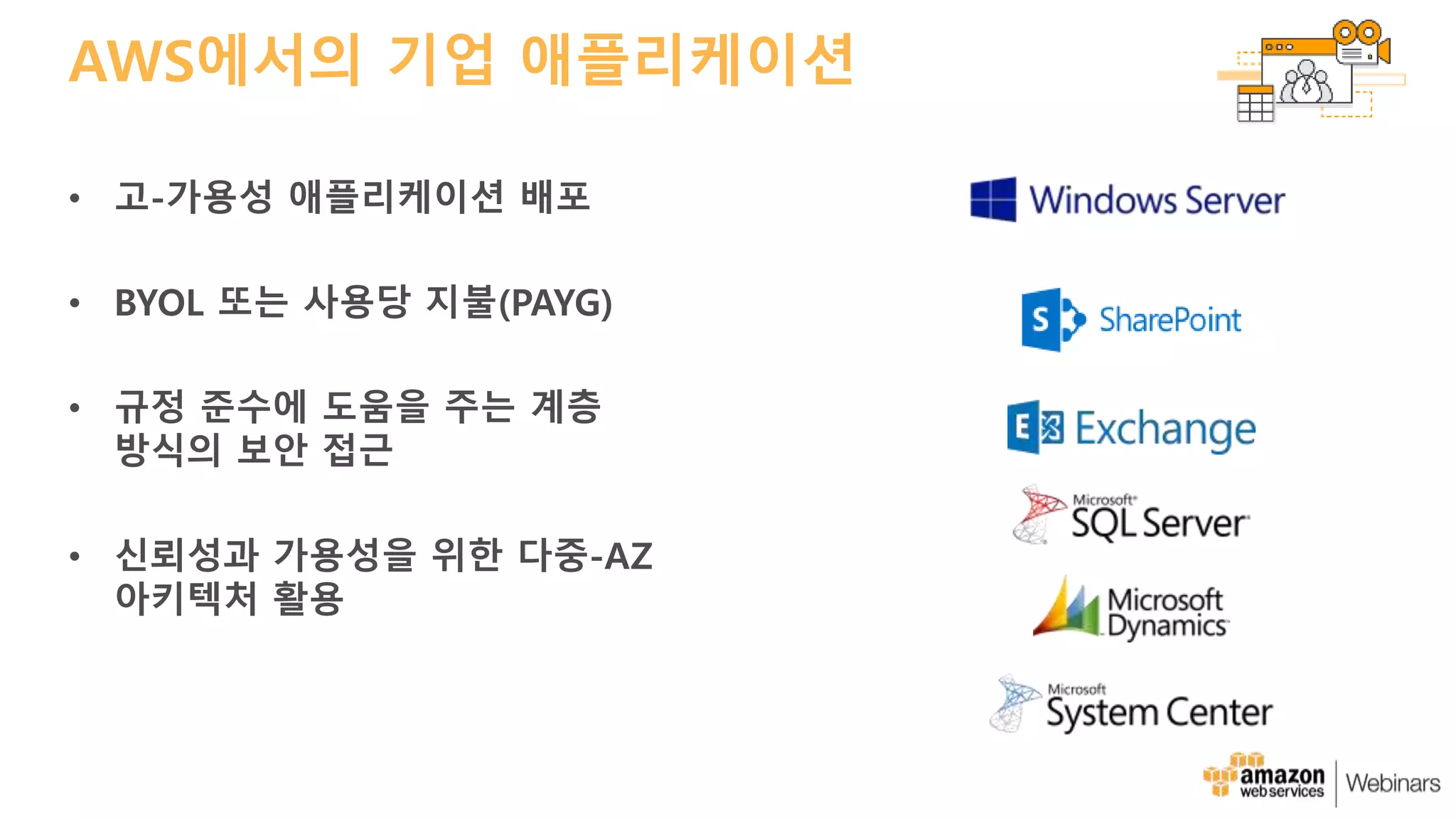 AWS에서의 기업 애플리케이션
• 고-가용성 애플리케이션 배포
• BYOL 또는 사용당 지불(PAYG)
• 규정 준수에 도움을 주는 계층
방식의 보안 접근
• 신뢰성과 가용성을 위한 다중-AZ
아키텍처 활용
 
