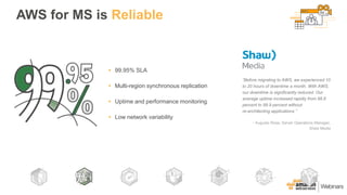 AWS for MS is Reliable
“Before migrating to AWS, we experienced 10
to 20 hours of downtime a month. With AWS,
our downtime is significantly reduced. Our
average uptime increased rapidly from 98.8
percent to 99.9 percent without
re-architecting applications.”
- Augusto Rosa, Server Operations Manager,
Shaw Media
 99.95% SLA
 Multi-region synchronous replication
 Uptime and performance monitoring
 Low network variability
 