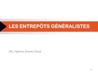 LES ENTREPÔTS GÉNÉRALISTES
HAL, Figshare, Zenodo, Dryad
16
 