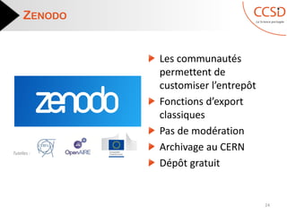 ZENODO
Les communautés
permettent de
customiser l’entrepôt
Fonctions d’export
classiques
Pas de modération
Archivage au CERN
Dépôt gratuit
24
Tutelles :
 