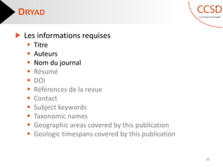 Les informations requises
 Titre
 Auteurs
 Nom du journal
 Résumé
 DOI
 Références de la revue
 Contact
 Subject keywords
 Taxonomic names
 Geographic areas covered by this publication
 Geologic timespans covered by this publication
DRYAD
30
 