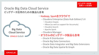 Copyright © 2016 Oracle and/or its affiliates. All rights reserved. |
Oracle Big Data Cloud Service
ビッグデータ活用のための製品も含有
15
• Hadoop, Sparkをクラウドで
– Cloudera Enterprise (Data Hub Edition) 5.X
• Cloudera Impala
• HBase (as well as support for Accumulo)
• Cloudera Search
• Apache Spark
– Cloudera Manager
• オラクルのビッグデータ製品も含有
– Oracle R Distribution
– Oracle Big Data Connectors
– Oracle Data Integrator and Big Data Extensions
– Oracle Big Data Spatial & Graph
2.ビッグデータ分析・
活用ツールを含有
Big Data
Cloud Service
 