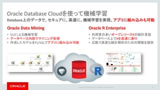 Copyright © 2016 Oracle and/or its affiliates. All rights reserved. |
Oracle Database Cloudを使って機械学習
25
Database上のデータで、セキュアに、高速に、機械学習を実現、アプリに組み込みも可能
Oracle R Enterprise
• 利用者の多いオープンソースRの統計言語
• データベース上でRを高速に実行
• 広範で高度な統計解析のための関数を提供
Oracle Data Mining
• GUIによる機械学習
• データベース内部でマイニング処理
• 作成したモデルをPL/SQLでアプリに組み込み可能
 