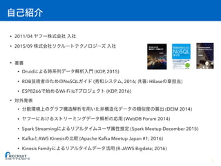 • 2011/04
• 2015/09
•
• Druid (KDP, 2015)
• RDB NoSQL ( , 2016; : HBase )
• ESP8266 Wi-Fi IoT (KDP, 2016)
•
• (DEIM 2014)
• (WebDB Forum 2014)
• Spark Streaming (Spark Meetup December 2015)
• Kafka AWS Kinesis (Apache Kafka Meetup Japan #1; 2016)
• Kinesis Family (R-JAWS Bigdata; 2016)
3
 