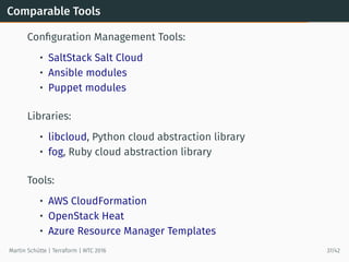 Comparable Tools
Conﬁguration Management Tools:
• SaltStack Salt Cloud
• Ansible modules
• Puppet modules
Libraries:
• libcloud, Python cloud abstraction library
• fog, Ruby cloud abstraction library
Tools:
• AWS CloudFormation
• OpenStack Heat
• Azure Resource Manager Templates
Martin Schütte | Terraform | WTC 2016 37/42
 