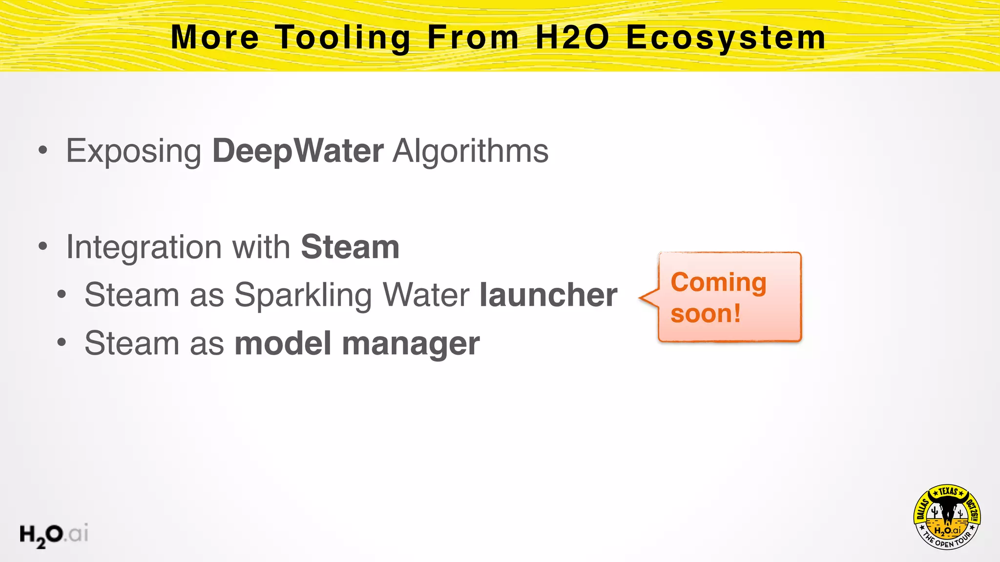• Exposing DeepWater Algorithms
• Integration with Steam
• Steam as Sparkling Water launcher
• Steam as model manager
More Tooling From H2O Ecosystem
Coming
soon!
 