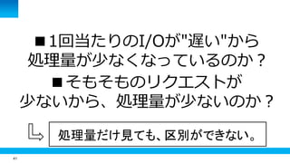41
■1回当たりのI/Oが"遅い"から
処理量が少なくなっているのか？
■そもそものリクエストが
少ないから、処理量が少ないのか？
処理量だけ見ても、区別ができない。
 