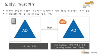 AD AD
Trust
PDC Emulator 간의 연결성 보장
(Security Group, VPN 이중화 )
PDC Emulator 간의 연결성 보장
(Security Group, VPN 이중화 )상호 DNS 조회상호 DNS 조회
• 완전히 단절된 운영이 가능하나 동시에 두개의 AD 를 운영하는 것과 같음
• Microsoft AD 및 AD on EC2 활용 가능
도메인 Trust 란 ?
 