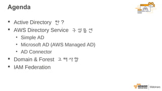 Agenda
 Active Directory 란 ?
 AWS Directory Service 구성옵션
• Simple AD
• Microsoft AD (AWS Managed AD)
• AD Connector
 Domain & Forest 고려사항
 IAM Federation
 