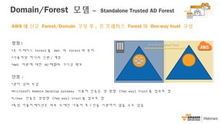 One-Way Forest TrustOne-Way Forest Trust
AWS 에 신규 Forest/Domain 구성 후 , 온 프레미스 Forest 와 One-way trust 구성
장점 :
•온 프레미스 Forest 를 AWS 의 Forest 와 분리
•사용자당 하나의 신원 / 계정
•AWS 자원에 대한 AD 레벨의 가시성 확보
단점 :
•관리 상의 부담
•Microsoft Remote Desktop Gateway 사용자 인증은 양 방향 (Two way) Trust 를 필요로 함
•Linux 인증은 양방향 (Two way) trust 를 필요로 함
•특정 어플리케이션은 외부 도메인 사용자 로그인을 지원하지 않을 수도 있음
Domain/Forest 모델 – Standalone Trusted AD Forest
 