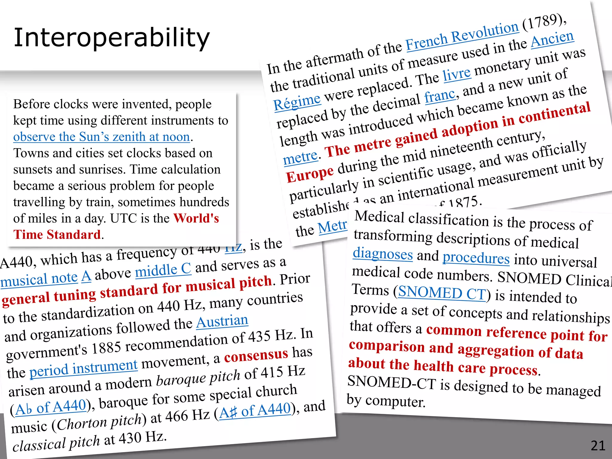 Interoperability
Before clocks were invented, people
kept time using different instruments to
observe the Sun’s zenith at noon.
Towns and cities set clocks based on
sunsets and sunrises. Time calculation
became a serious problem for people
travelling by train, sometimes hundreds
of miles in a day. UTC is the World's
Time Standard.
21
 