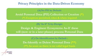 Privacy Principles in the Data-Driven Economy
(A)No PII by Default:
Avoid Personal Data (PII) Collection or Creation (*)
(*) Exceptions permitted, when & where required
(B) ‘As If’ X-by-Design:
Design & Engineer Ecosystems As-If these
will (now or in a later phase) process Personal Data
(C) De-Identification by Default :
De-Identify or Delete Personal Data (**)
(**) As soon as there is no valid legal basis
 