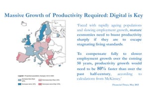 Massive Growth of Productivity Required: Digital is Key
Financial Times, May 2015
‘Faced with rapidly ageing populations
and slowing employment growth, mature
economies need to boost productivity
sharply if they are to escape
stagnating living standards.
To compensate fully to slower
employment growth over the coming
50 years, productivity growth would
need to be 80% faster than over the
past half-century, according to
calculations from McKinsey.’
 