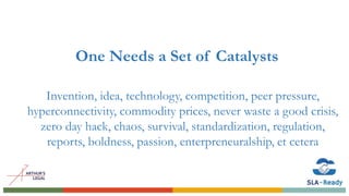 One Needs a Set of Catalysts
Invention, idea, technology, competition, peer pressure,
hyperconnectivity, commodity prices, never waste a good crisis,
zero day hack, chaos, survival, standardization, regulation,
reports, boldness, passion, enterpreneuralship, et cetera
 