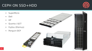 13
CEPH ON SSD+HDD
● SuperMicro
● Dell
● HP
● Quanta / QCT
● Fujitsu (Eternus)
● Penguin OCP
 