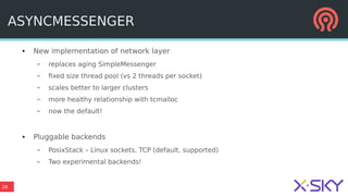 26
● New implementation of network layer
– replaces aging SimpleMessenger
– fixed size thread pool (vs 2 threads per socket)
– scales better to larger clusters
– more healthy relationship with tcmalloc
– now the default!
● Pluggable backends
– PosixStack – Linux sockets, TCP (default, supported)
– Two experimental backends!
ASYNCMESSENGER
 