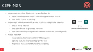 33
CEPH-MGR
● ceph-mon monitor daemons currently do a lot
– more than they need to (PG stats to support things like 'df')
– this limits cluster scalability
● ceph-mgr moves non-critical metrics into a separate daemon
– that is more efficient
– that can stream to graphite, influxdb
– that can efficiently integrate with external modules (even Python!)
● Good host for
– integrations, like Calamari REST API endpoint
– coming features like 'ceph top' or 'rbd top'
– high-level management functions and policy
M M
???
(time for new iconography)
 