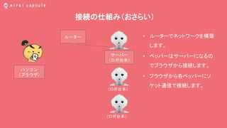 接続の仕組み（おさらい）
ルーター
パソコン
（ブラウザ）
• ルーターでネットワークを構築
します。
• ペッパーはサーバーになるの
でブラウザから接続します。
• ブラウザから各ペッパーにソ
ケット通信で接続します。
（ロボ台本）
（ロボ台本）
サーバー
（ロボ台本）
 