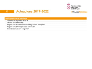 #PlaLocalHabitatge
Gestió municipal de l’habitatge	
	 Comissió de seguiment del PLH
	 Oficina Local d’Habitatge
	 Registre únic de sol·licitants d’habitatge social i assequible
	 Registre únic d’habitatge social i assequible
	 Indicadors d’avaluació i seguiment					
Actuacions 2017-202212
 