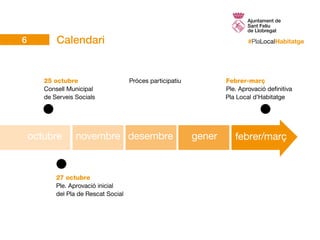 #PlaLocalHabitatgeCalendari
octubre novembre desembre gener
25 octubre
Consell Municipal
de Serveis Socials
Febrer-març
Ple. Aprovació definitiva
Pla Local d’Habitatge
Próces participatiu
27 octubre
Ple. Aprovació inicial
del Pla de Rescat Social
febrer/març
6
 