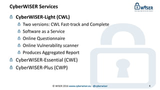 CyberWISER Services
© WISER 2016 www.cyberwiser.eu - @cyberwiser 4
CyberWISER-Light (CWL)
Two versions: CWL Fast-track and Complete
Software as a Service
Online Questionnaire
Online Vulnerability scanner
Produces Aggregated Report
CyberWISER-Essential (CWE)
CyberWISER-Plus (CWP)
 