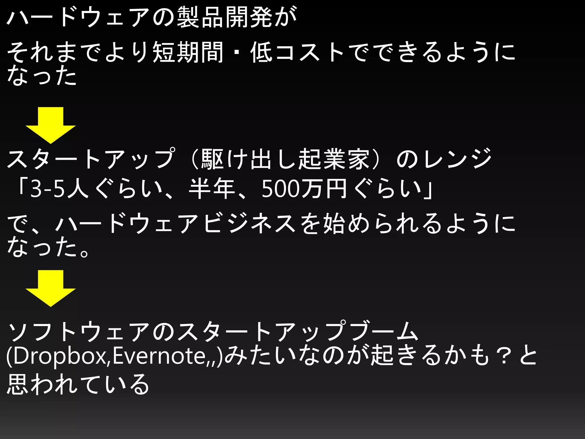 ハードウェアの製品開発が
それまでより短期間・低コストでできるように
なった
スタートアップ（駆け出し起業家）のレンジ
「3-5人ぐらい、半年、500万円ぐらい」
で、ハードウェアビジネスを始められるように
なった。
ソフトウェアのスタートアップブーム
(Dropbox,Evernote,,)みたいなのが起きるかも？と
思われている
 