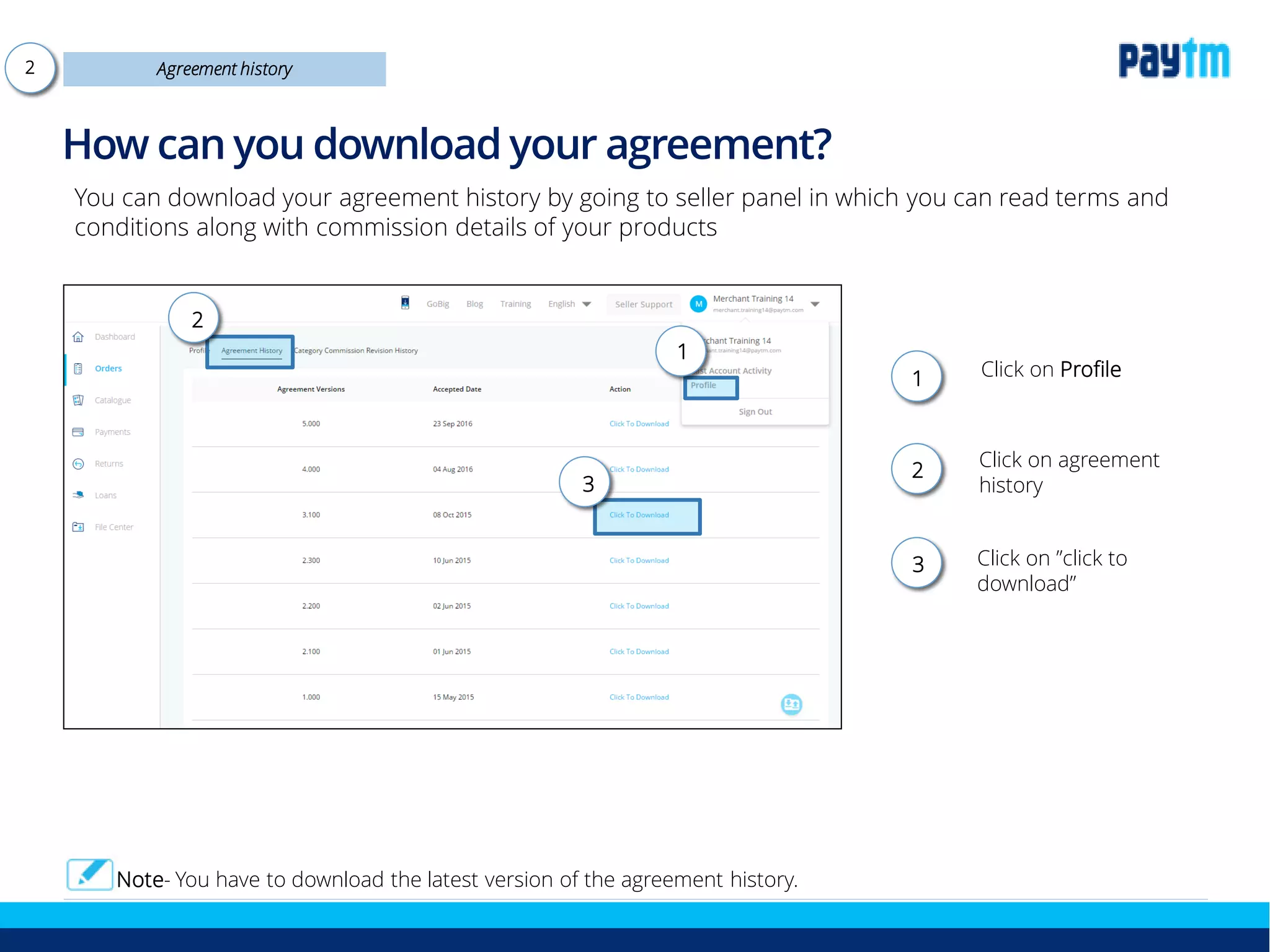 How can you download your agreement?
You can download your agreement history by going to seller panel in which you can read terms and
conditions along with commission details of your products
Agreement history
1
2
3
Click on Profile
Click on agreement
history
Click on ”click to
download”
2
Note- You have to download the latest version of the agreement history.
1
2
3
 