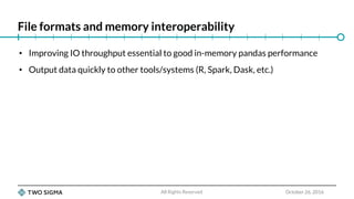 File formats and memory interoperability
October 26, 2016
• Improving IO throughput essential to good in-memory pandas per...