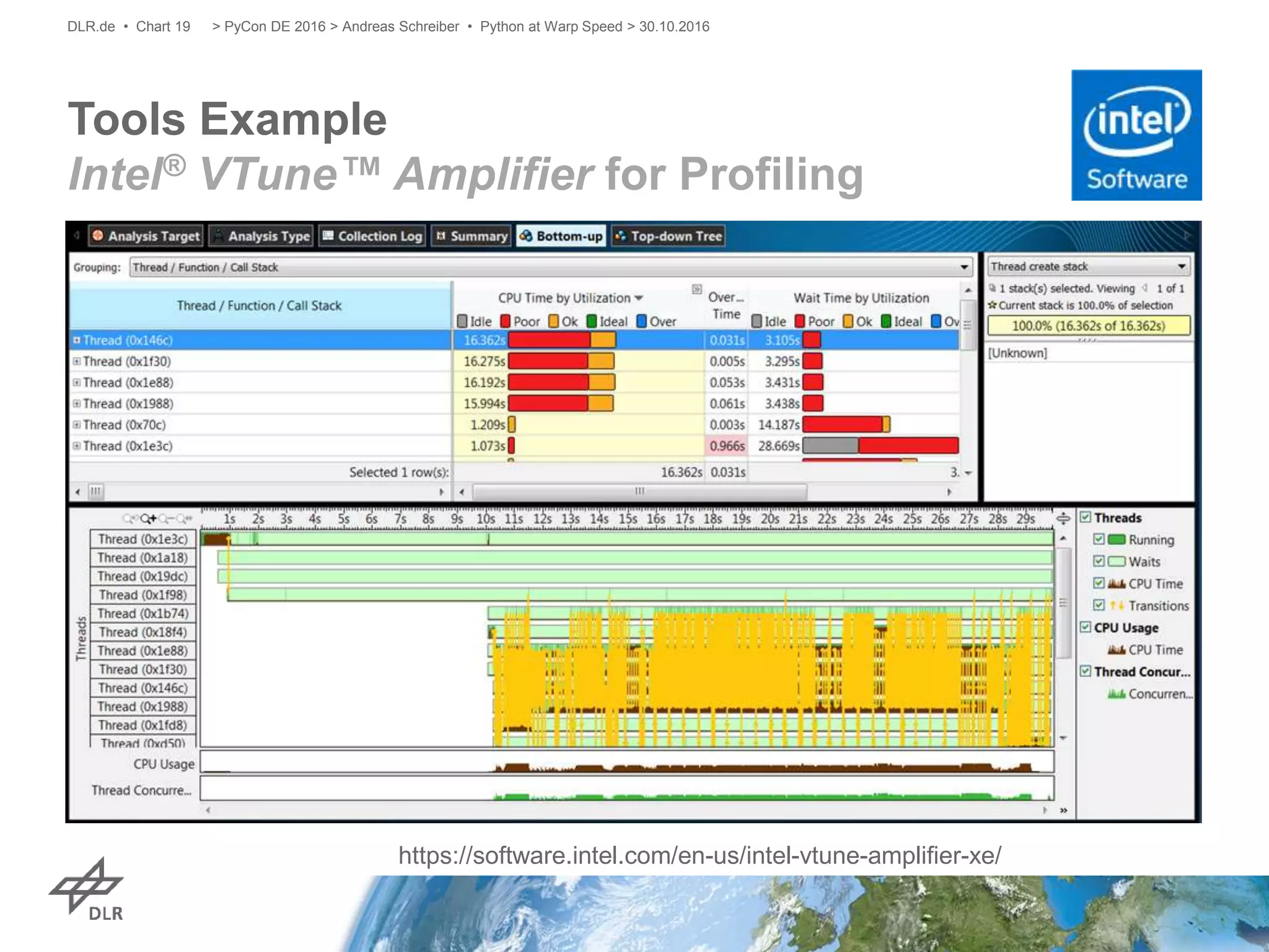 Tools Example
Intel® VTune™ Amplifier for Profiling
> PyCon DE 2016 > Andreas Schreiber • Python at Warp Speed > 30.10.2016DLR.de • Chart 19
https://software.intel.com/en-us/intel-vtune-amplifier-xe/
 