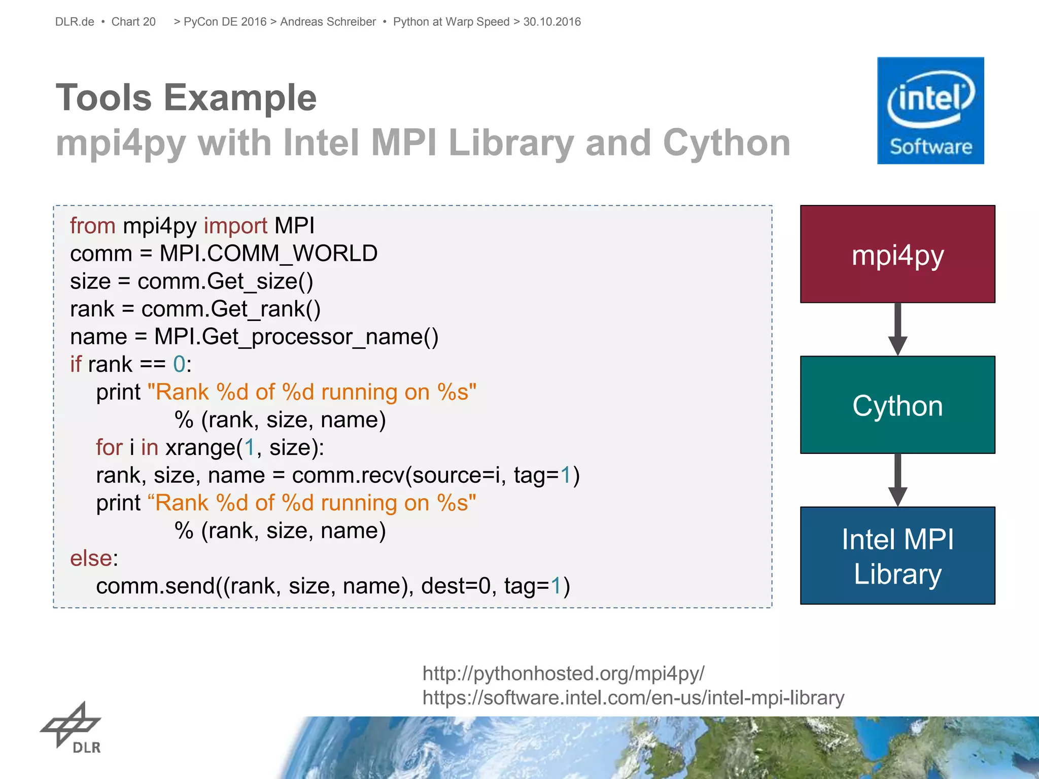 Tools Example
mpi4py with Intel MPI Library and Cython
> PyCon DE 2016 > Andreas Schreiber • Python at Warp Speed > 30.10.2016DLR.de • Chart 20
from mpi4py import MPI
comm = MPI.COMM_WORLD
size = comm.Get_size()
rank = comm.Get_rank()
name = MPI.Get_processor_name()
if rank == 0:
print "Rank %d of %d running on %s"
% (rank, size, name)
for i in xrange(1, size):
rank, size, name = comm.recv(source=i, tag=1)
print “Rank %d of %d running on %s"
% (rank, size, name)
else:
comm.send((rank, size, name), dest=0, tag=1)
http://pythonhosted.org/mpi4py/
https://software.intel.com/en-us/intel-mpi-library
mpi4py
Cython
Intel MPI
Library
 